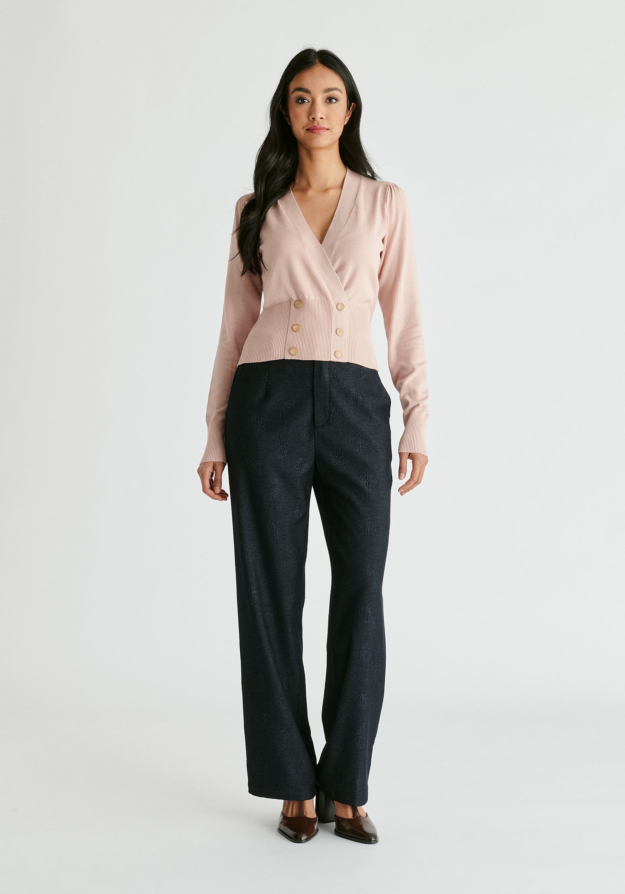 Long Sleeve Knitted Button Wrap Top in Blush Front