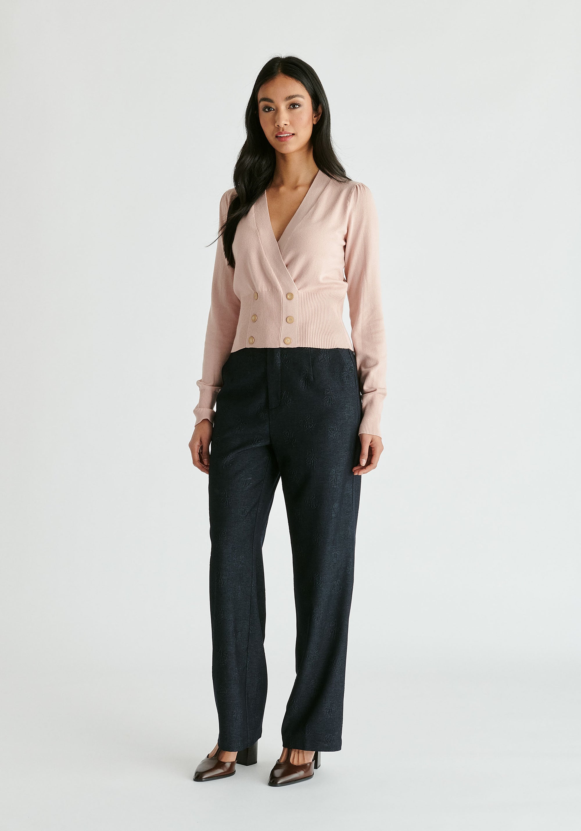 Long Sleeve Knitted Button Wrap Top in Blush Front