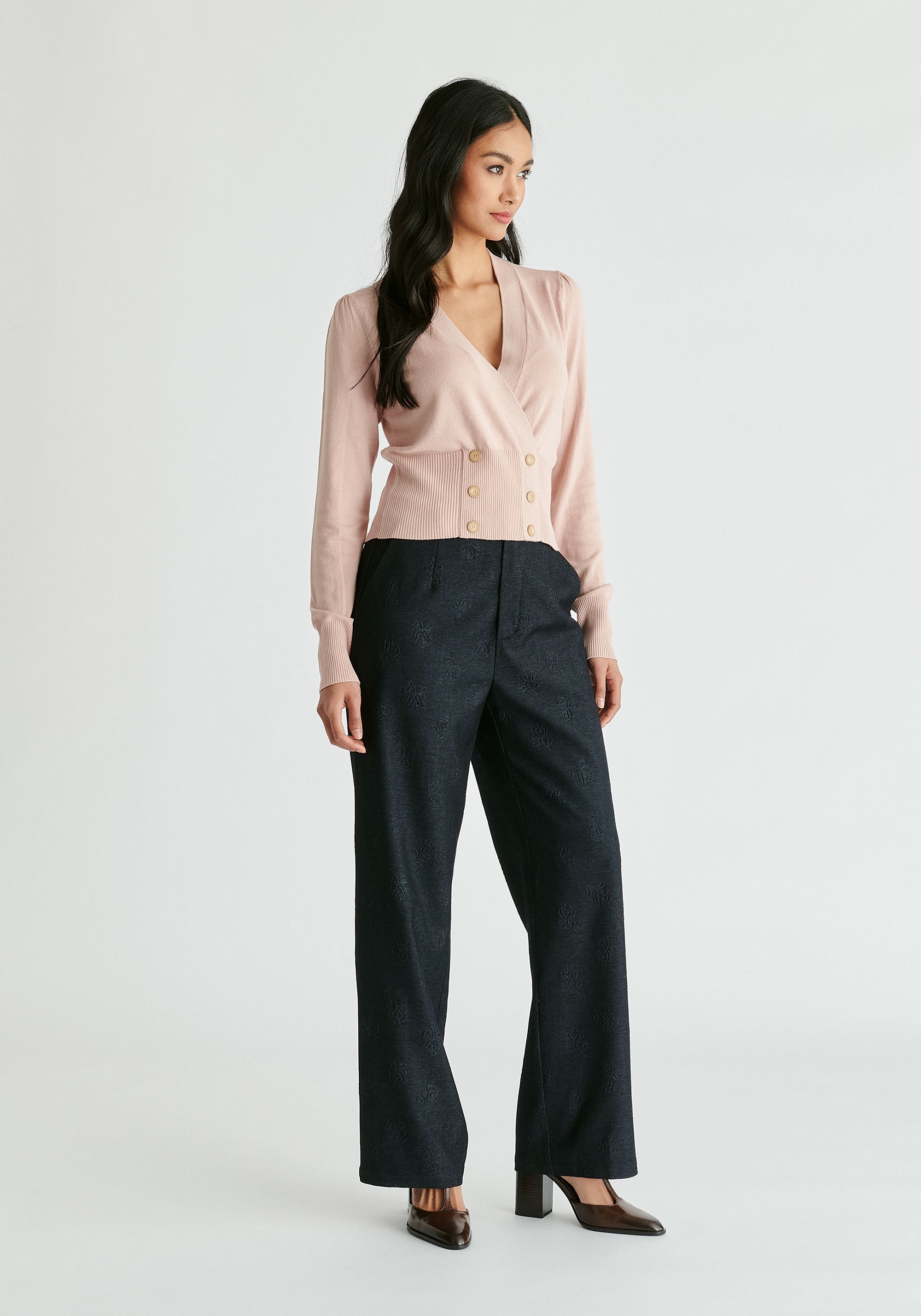 Long Sleeve Knitted Button Wrap Top in Blush Side