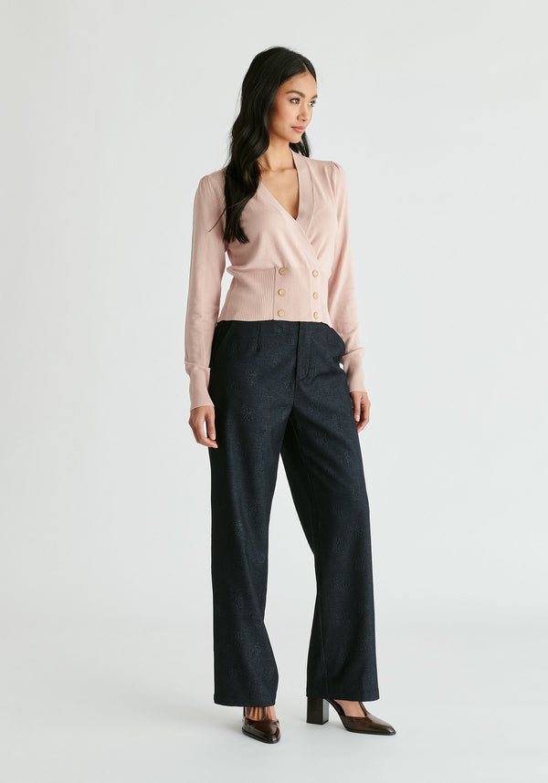 Long Sleeve Knitted Button Wrap Top in Blush Side