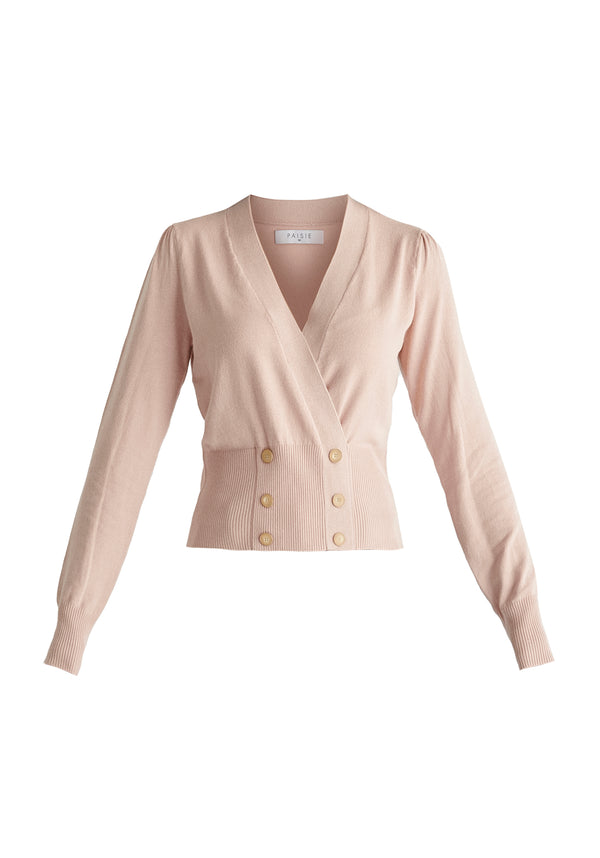 Long Sleeve Knitted Button Wrap Top in Blush Cutout