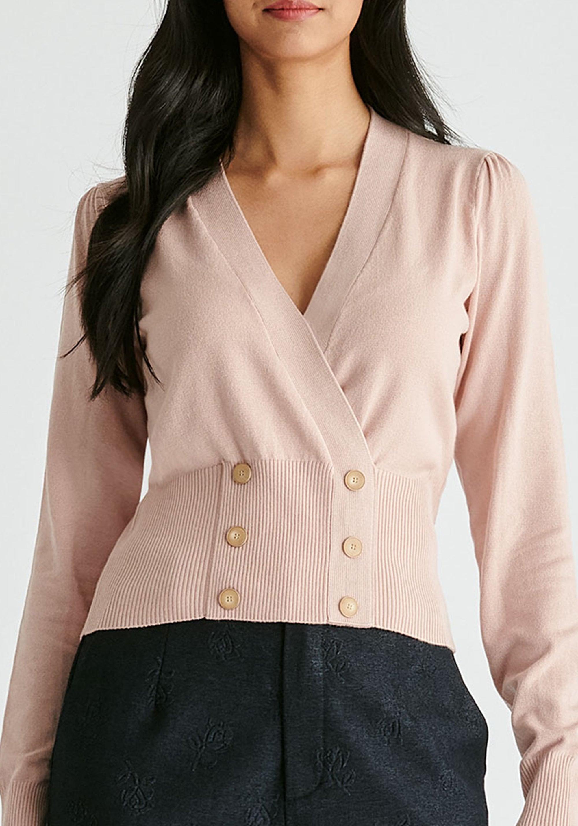 Long Sleeve Knitted Button Wrap Top in Blush Closeup