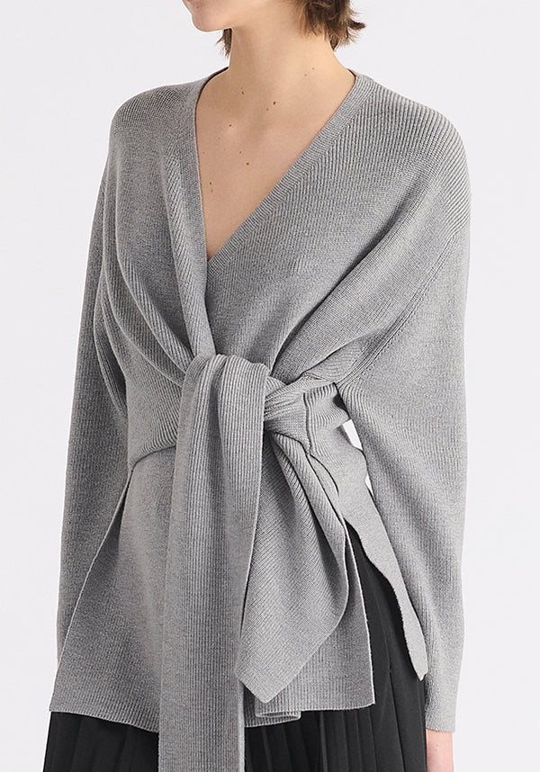 Wrap Side Tie Knit Jumper in Grey Close Up