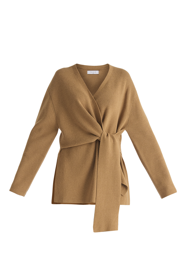 Wrap Side Tie Knit Jumper in Camel Cut Out