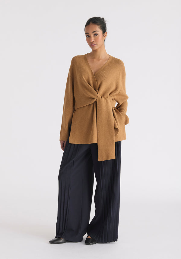 Wrap Side Tie Knit Jumper in Camel