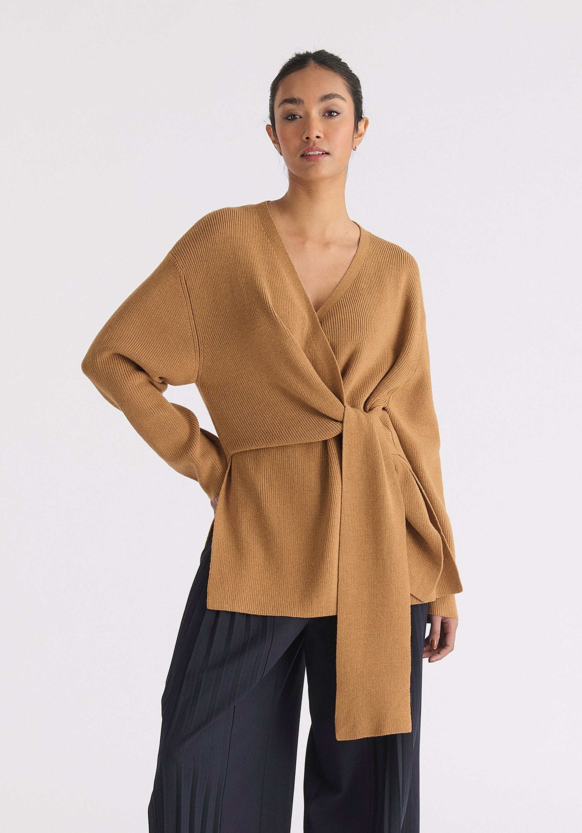 Wrap Side Tie Knit Jumper in Camel