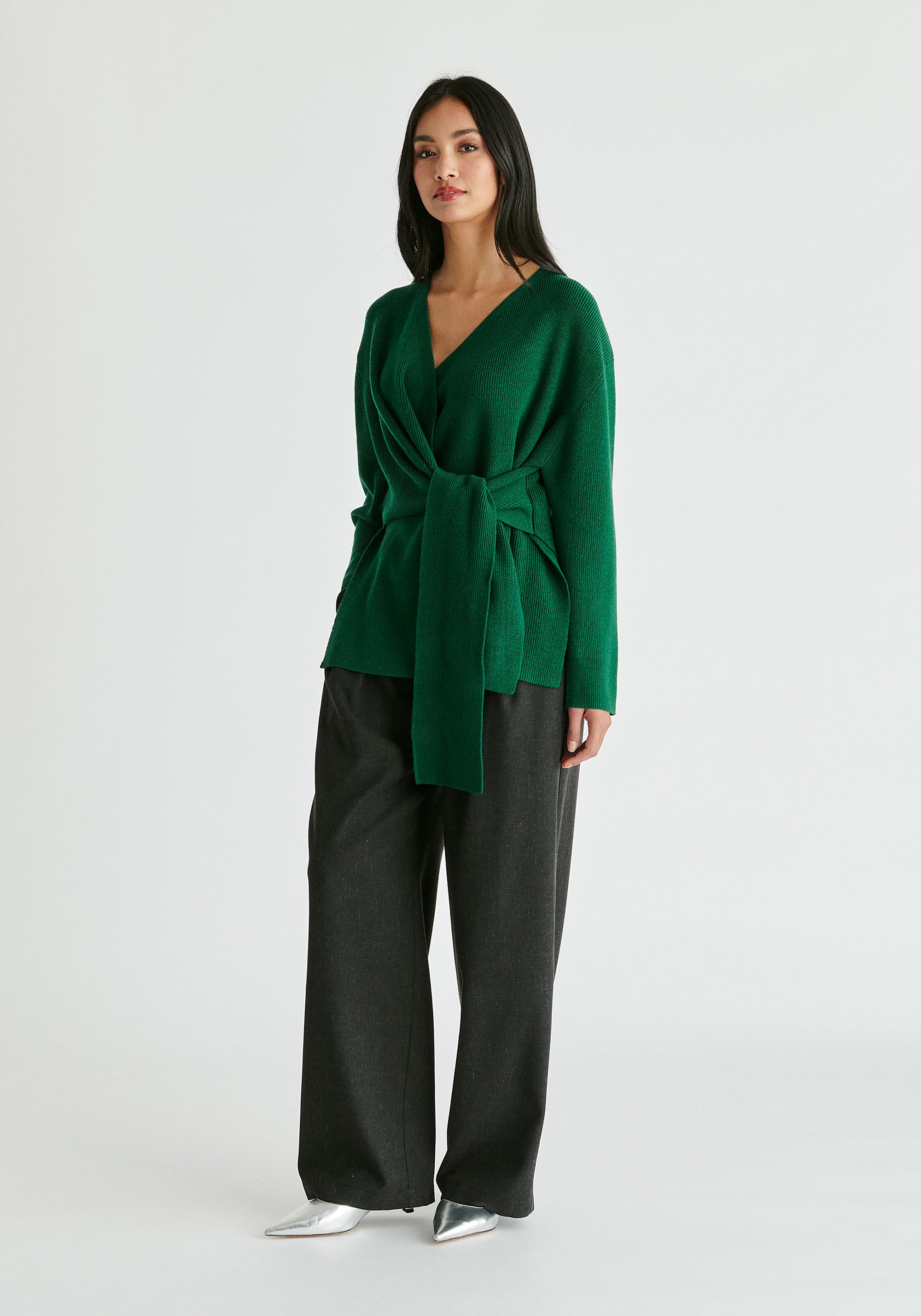Wrap Side Tie Knit Jumper in Green Front