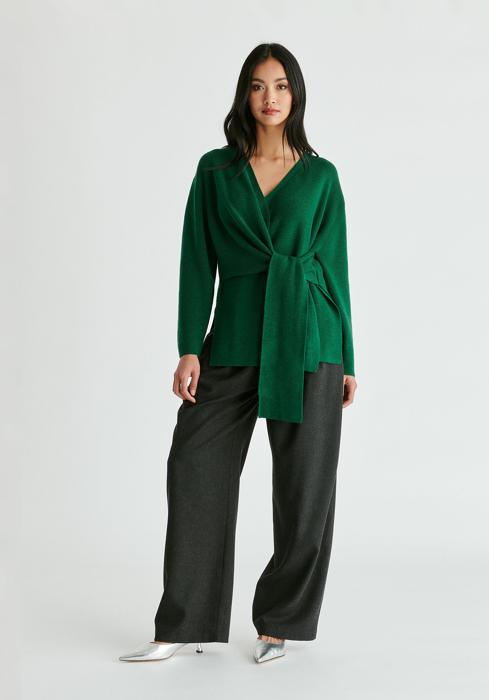 Wrap Side Tie Knit Jumper in Green Front