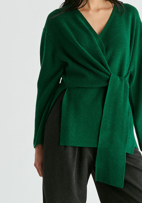 Wrap Side Tie Knit Jumper in Green Closeup