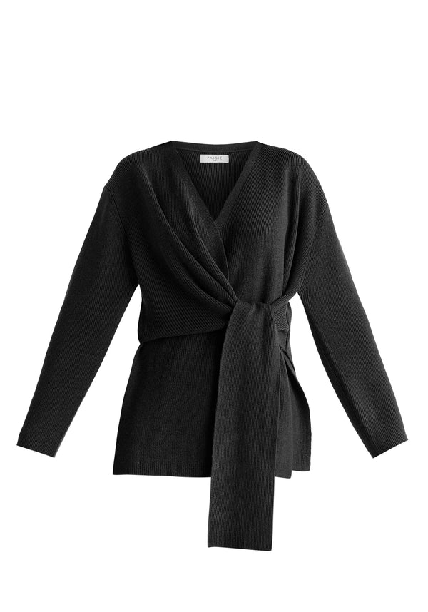 Wrap Side Tie Knit Jumper in Black Cutout