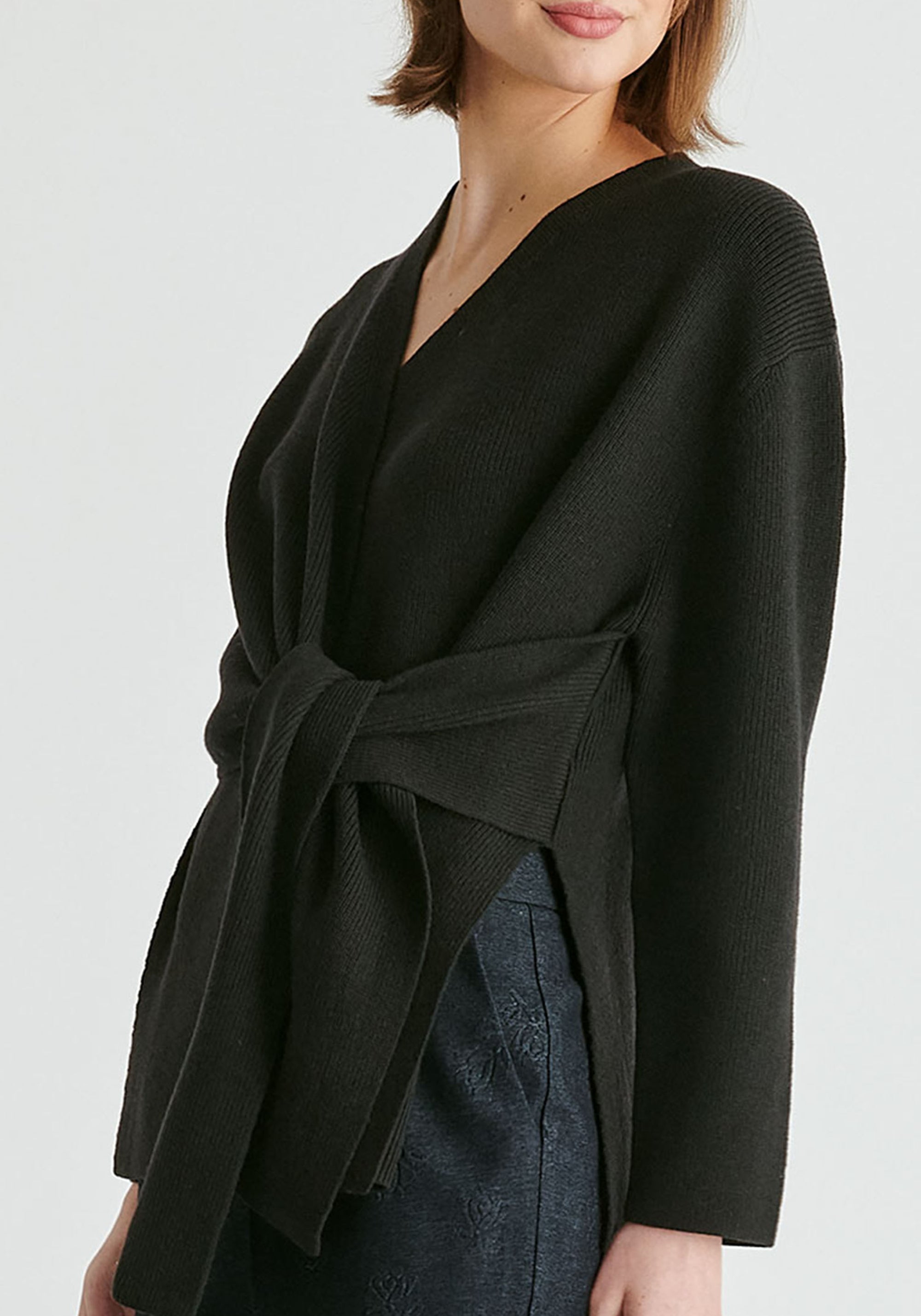 Wrap Side Tie Knit Jumper in Black Closeup