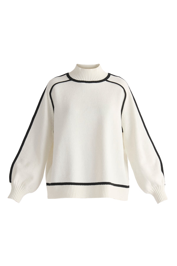 Contrast Stripe Piping Mock Neck Jumper in White and Black Cut Out