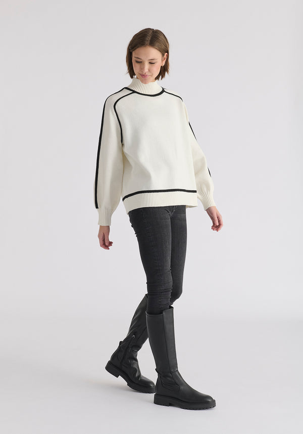 Contrast Stripe Piping Mock Neck Jumper in White and Black