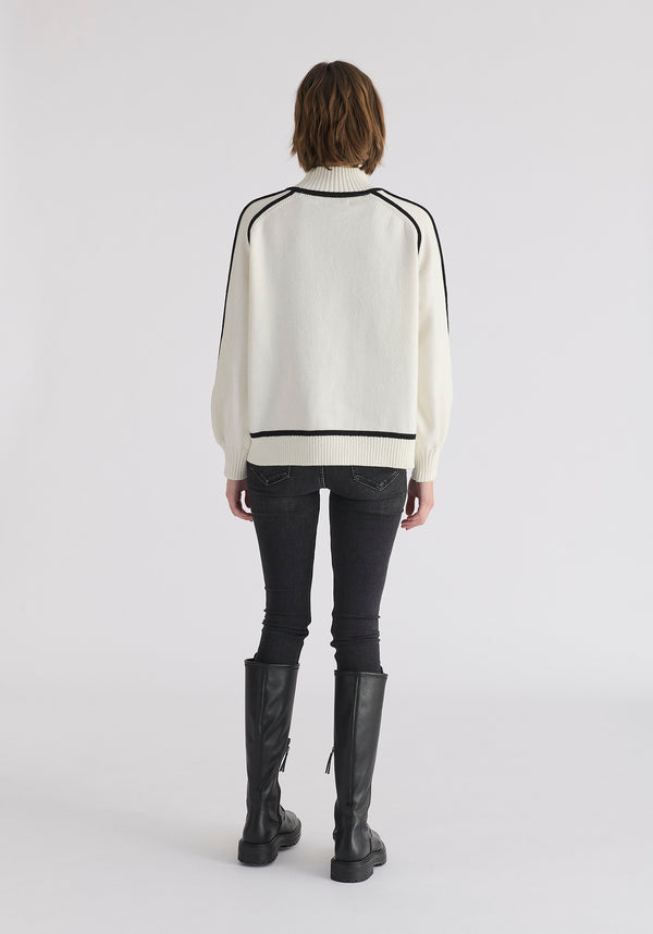 Contrast Stripe Piping Mock Neck Jumper in White and Black Back