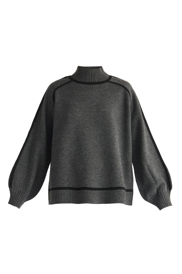Contrast Stripe Piping Mock Neck Jumper in Marl Dark Grey and Black Cut Out