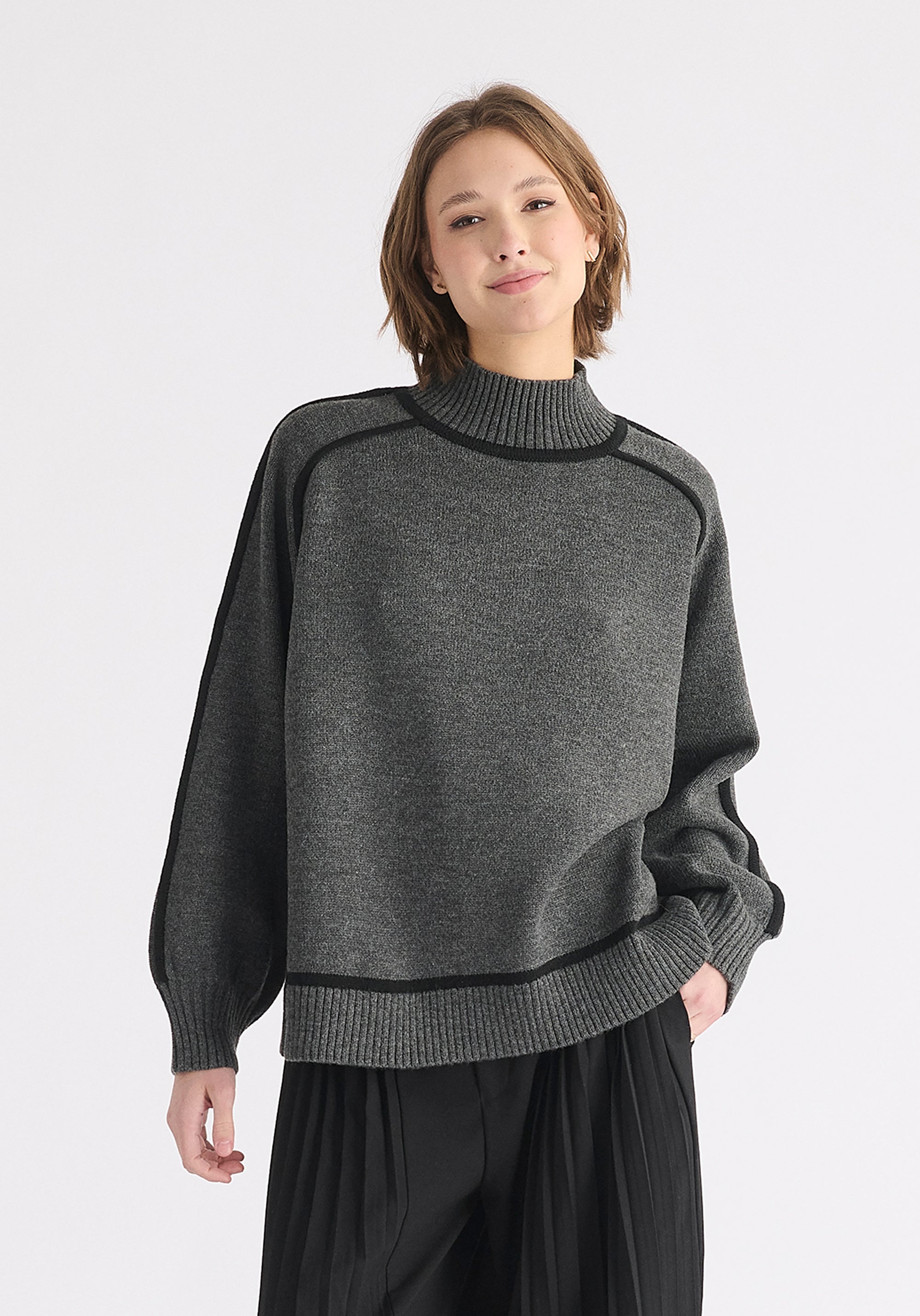 Contrast Stripe Piping Mock Neck Jumper in Marl Dark Grey and Black