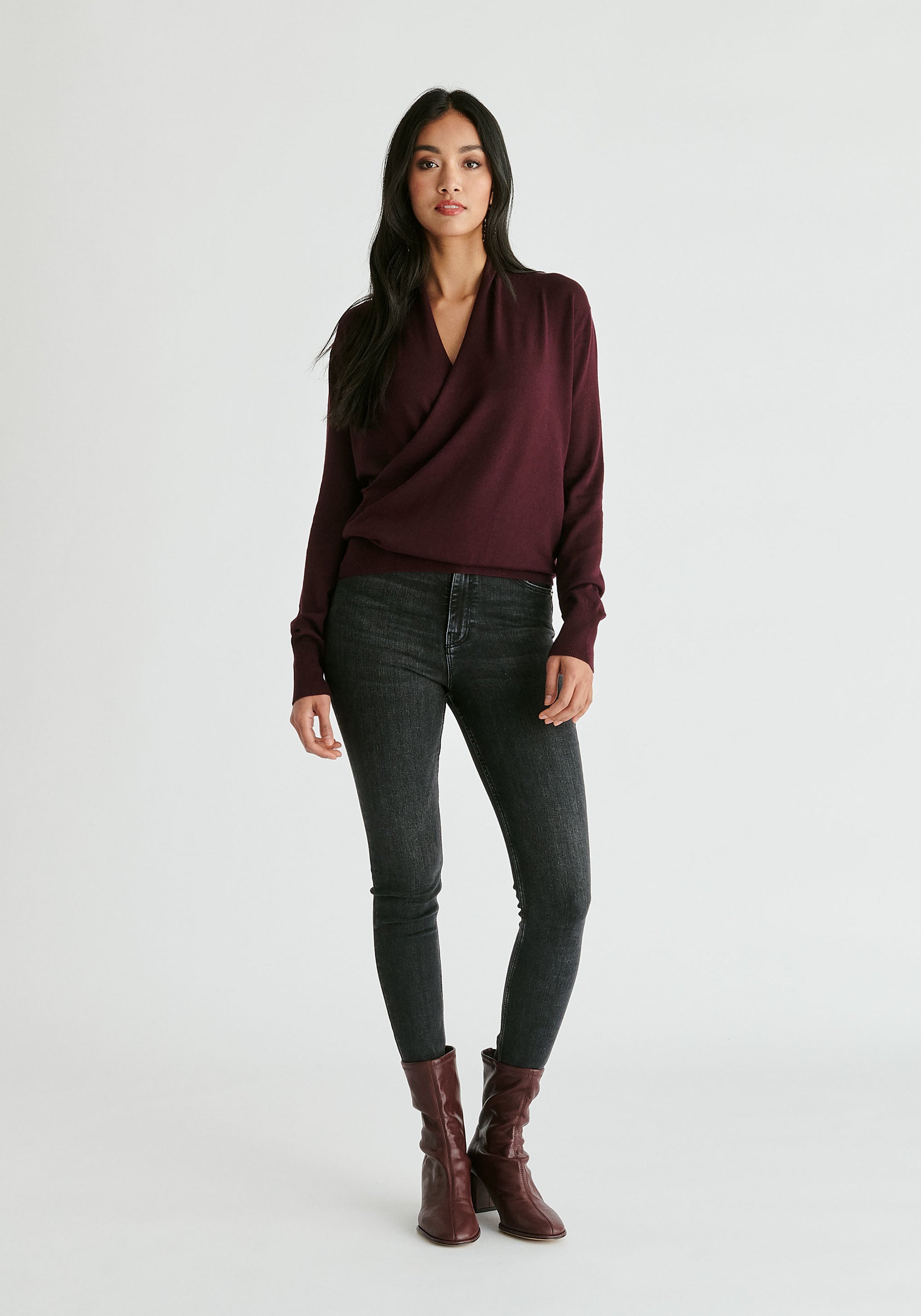 Long Sleeve Knitted Wrap Top in Dark Plum