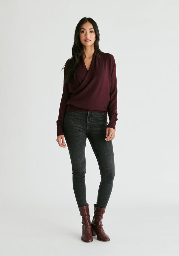 Long Sleeve Knitted Wrap Top in Dark Plum