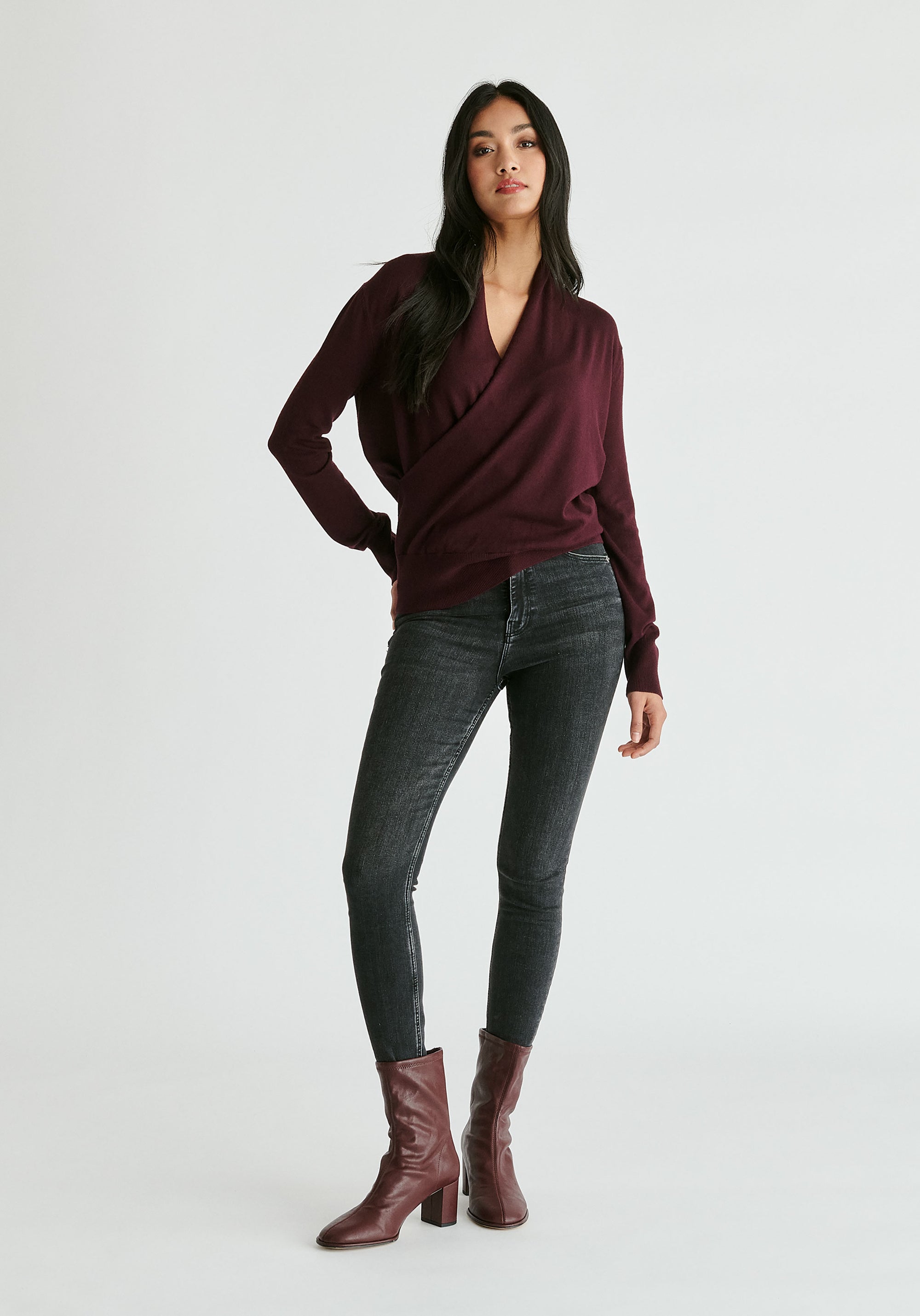 Long Sleeve Knitted Wrap Top in Dark Plum Front