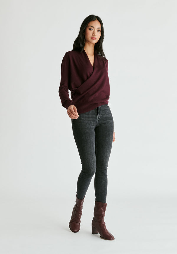 Long Sleeve Knitted Wrap Top in Dark Plum Front