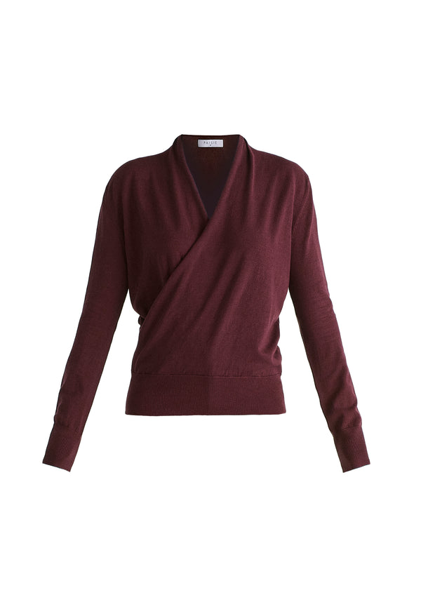 Long Sleeve Knitted Wrap Top in Dark Plum Cutout