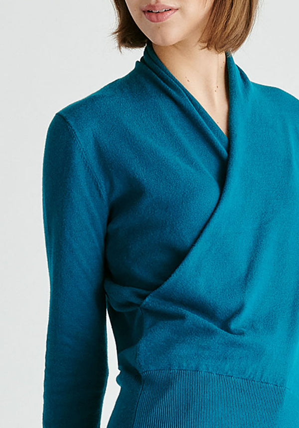 Long Sleeve Knitted Wrap Top in Turquoise Closeup