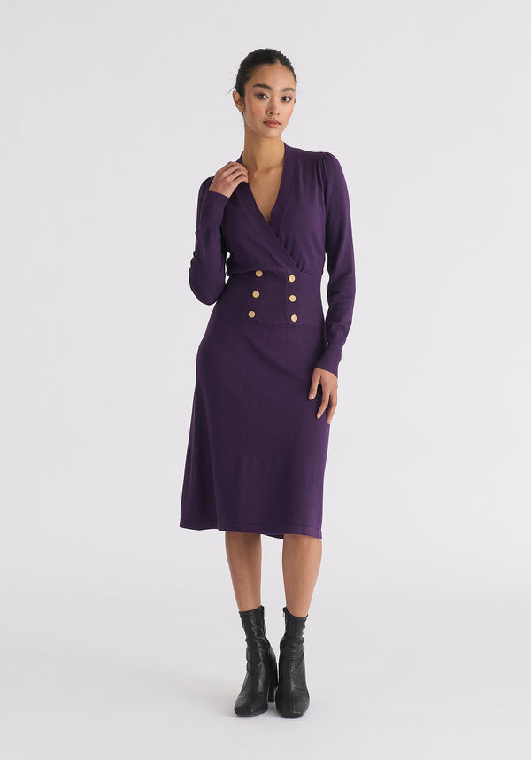 Long Sleeve Knitted Button Wrap Dress Front
