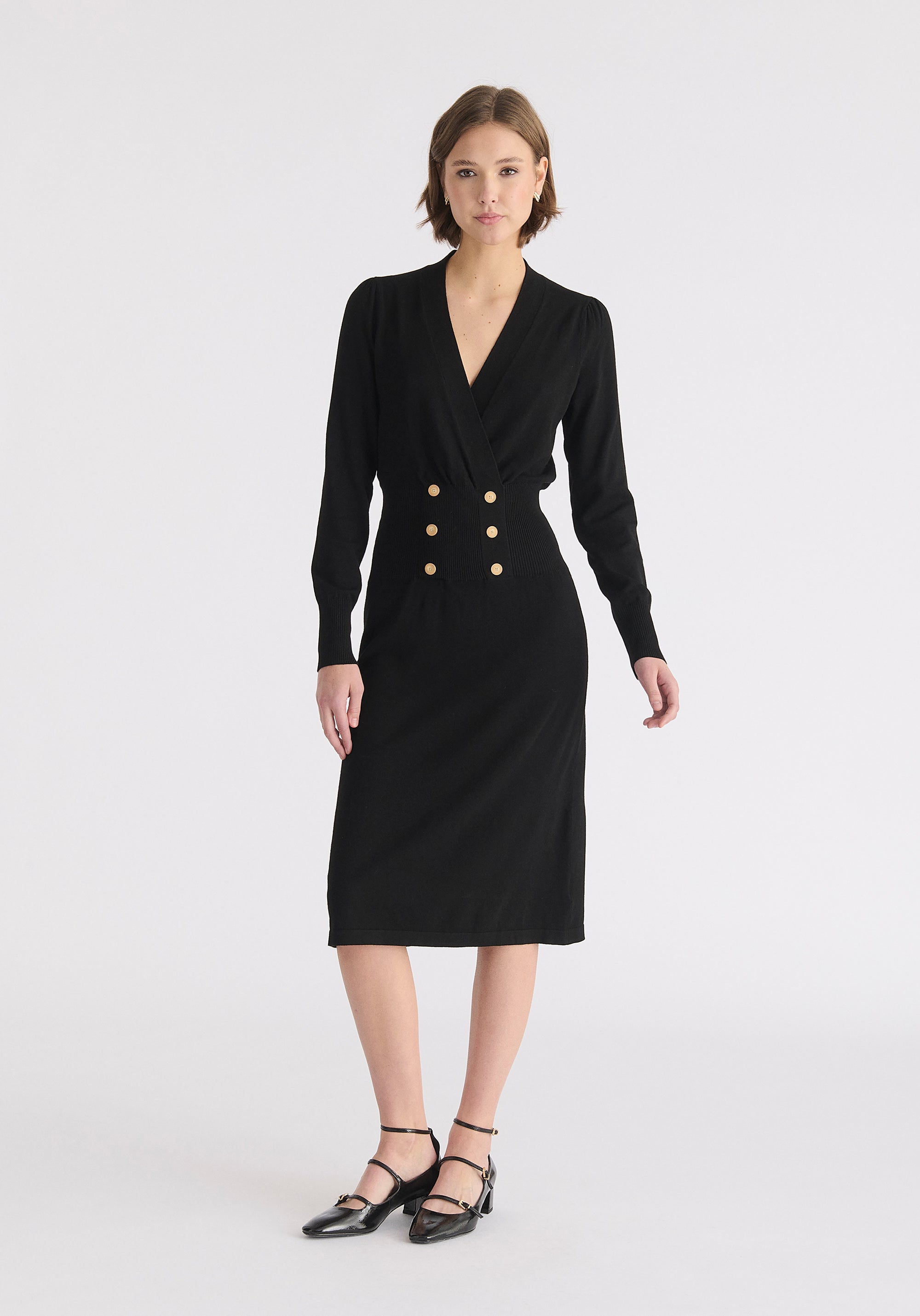 Long Sleeve Knitted Button Wrap Dress Front