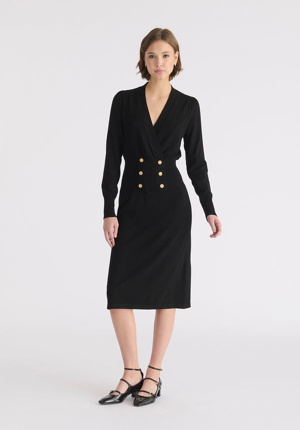 Long Sleeve Knitted Button Wrap Dress Front