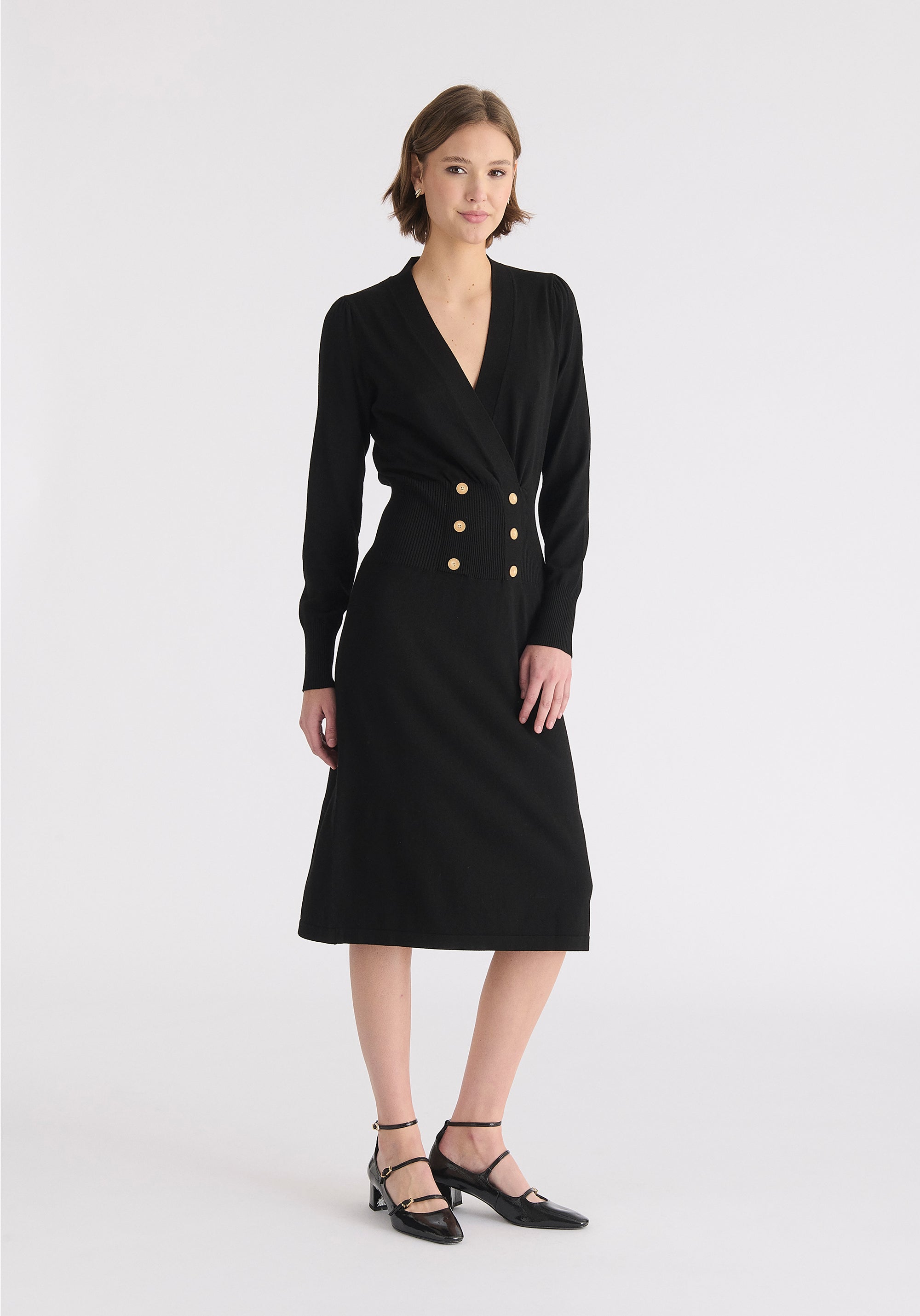 Long Sleeve Knitted Button Wrap Dress Front