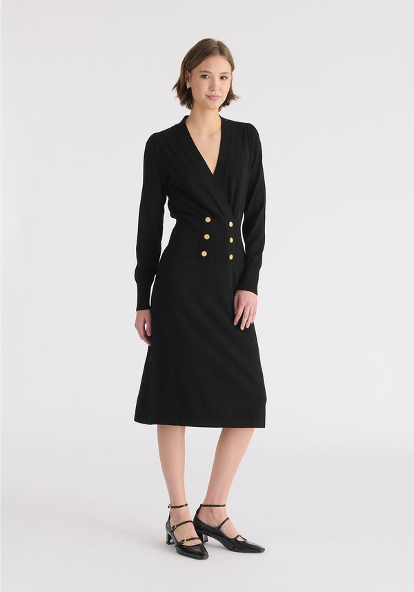 Long Sleeve Knitted Button Wrap Dress Front