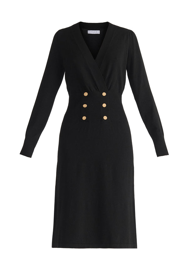 Long Sleeve Knitted Button Wrap Dress Cut Out