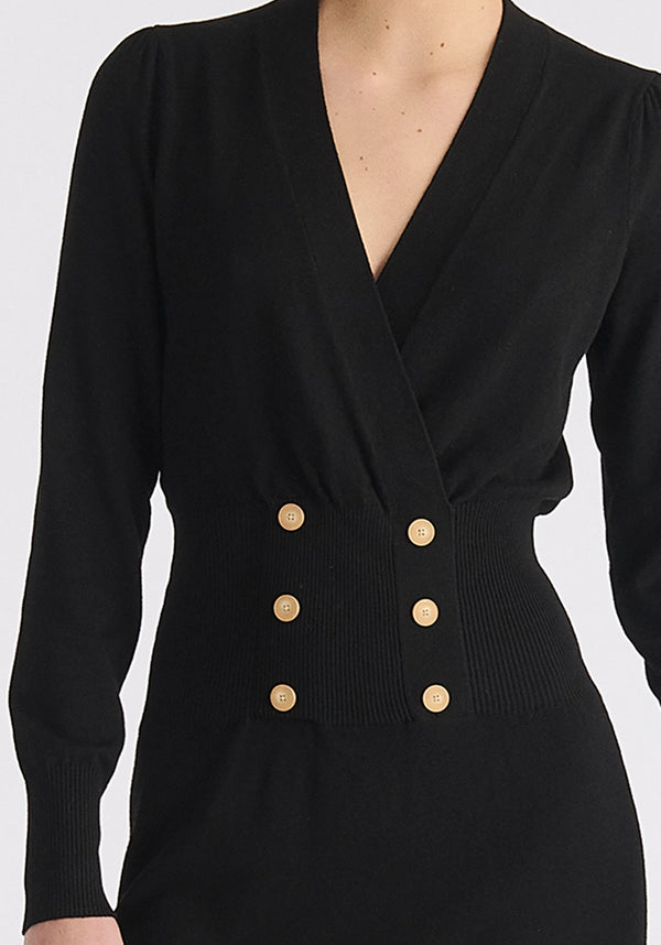 Long Sleeve Knitted Button Wrap Dress Close Up