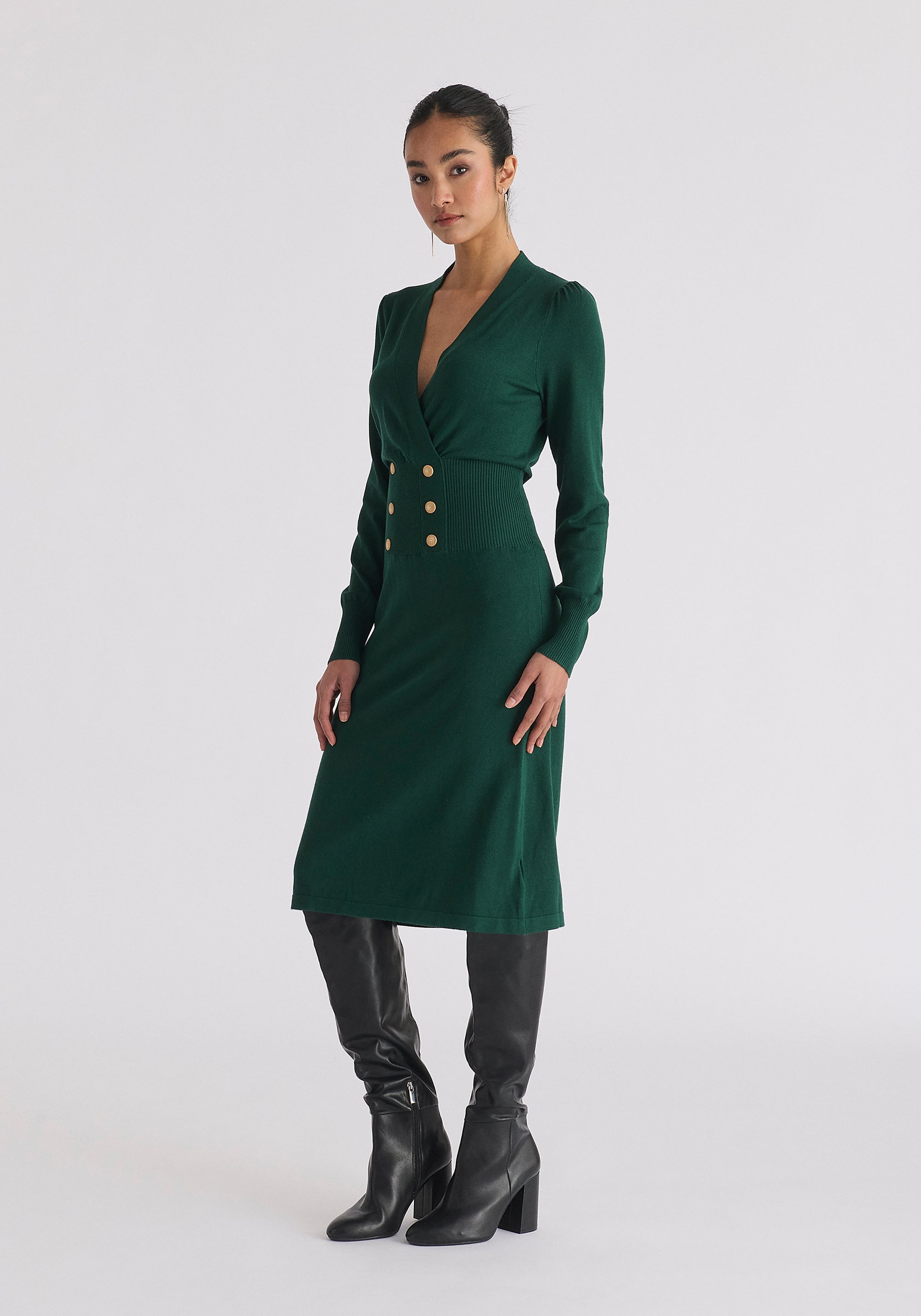 Long Sleeve Knitted Button Wrap Dress Side