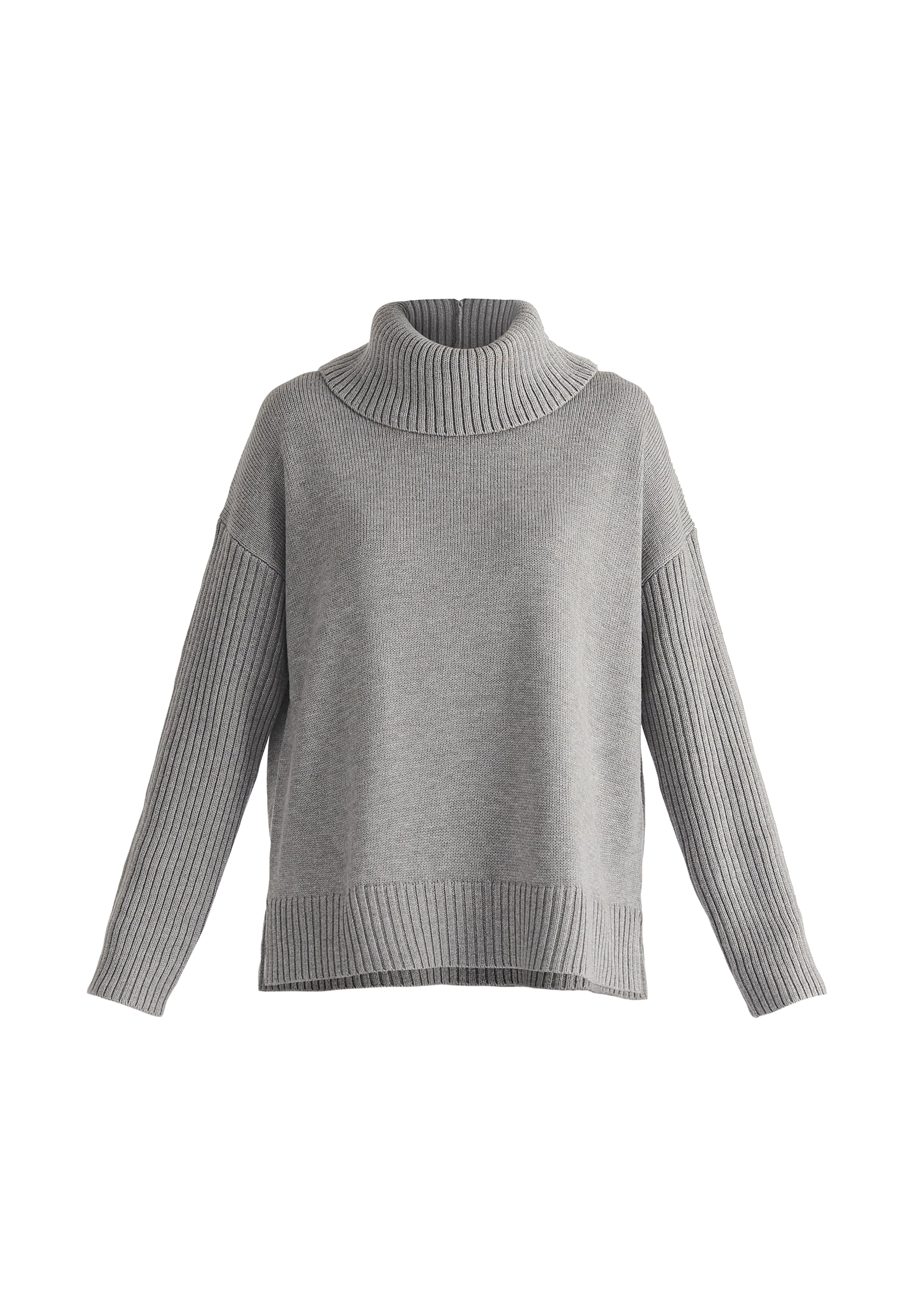 Polo Neck Jumper with Ribbed Details in Grey Cut Out