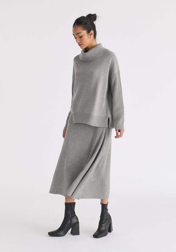 Polo Neck Jumper with Ribbed Details in Grey