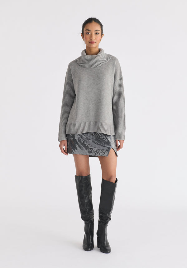 Polo Neck Jumper with Ribbed Details in Grey
