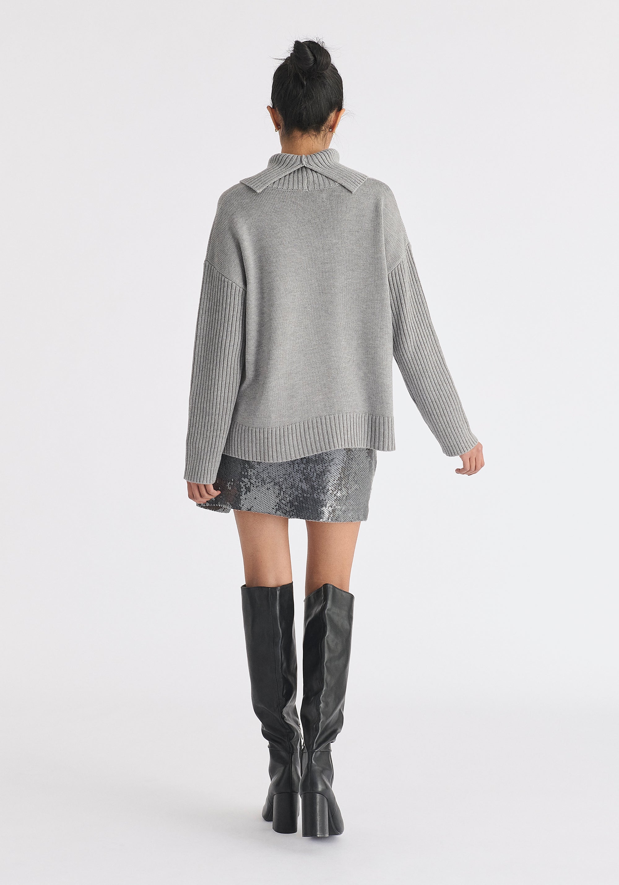 Polo Neck Jumper with Ribbed Details in Grey Back