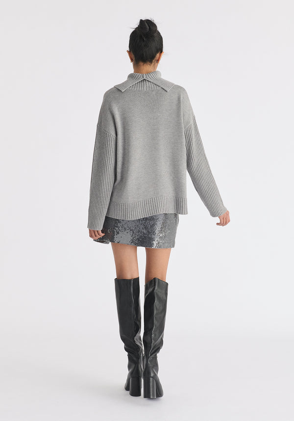 Polo Neck Jumper with Ribbed Details in Grey Back