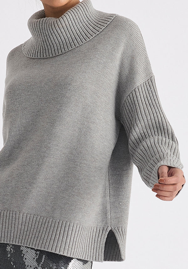 Polo Neck Jumper with Ribbed Details in Grey Close Up