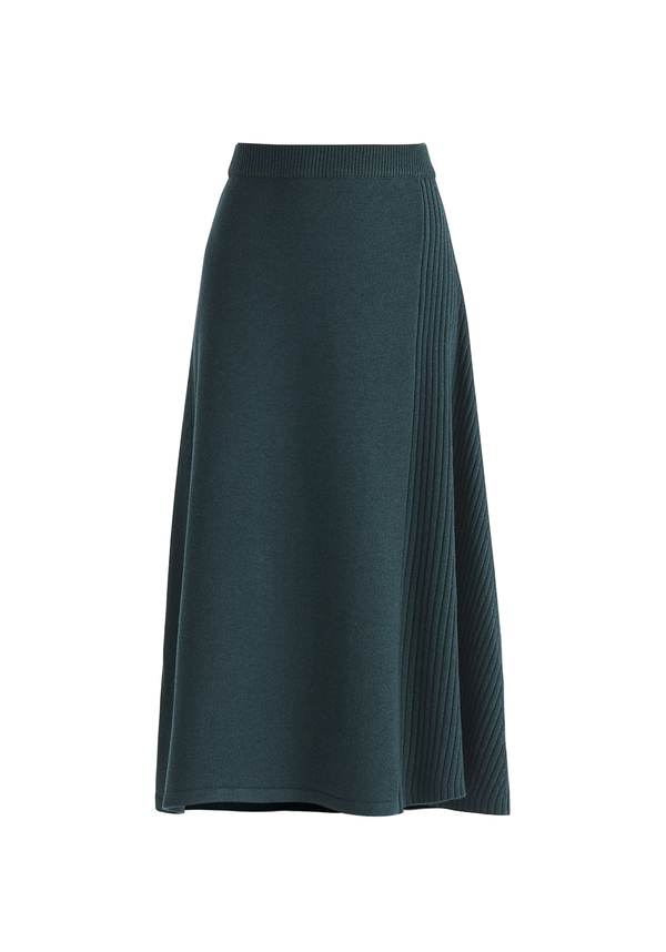 Knitted A-Line Midi Skirt with Ribbed Details in Dark Green Cut Out