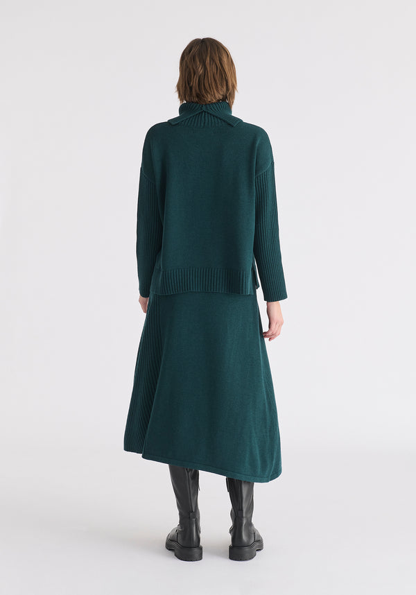 Knitted A-Line Midi Skirt with Ribbed Details in Dark Green Back