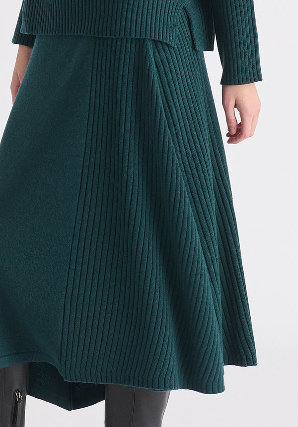 Knitted A-Line Midi Skirt with Ribbed Details in Dark Green Close Up
