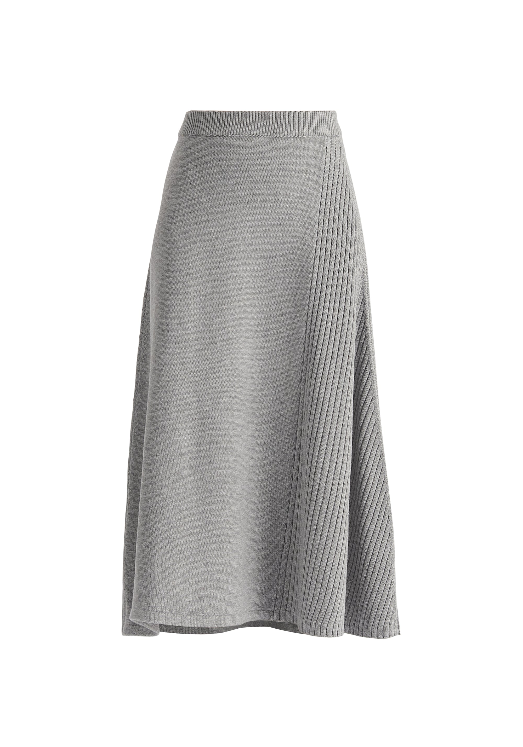 Knitted A-Line Midi Skirt with Ribbed Details in Grey Cut Out