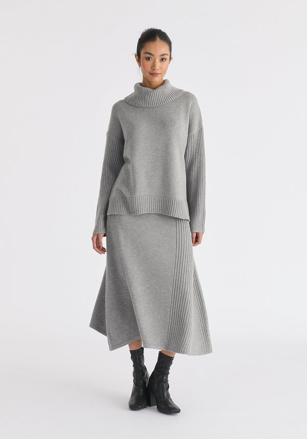 Knitted A-Line Midi Skirt with Ribbed Details in Grey