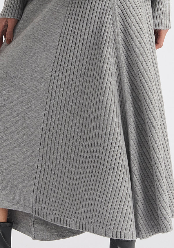 Knitted A-Line Midi Skirt with Ribbed Details in Grey Close Up