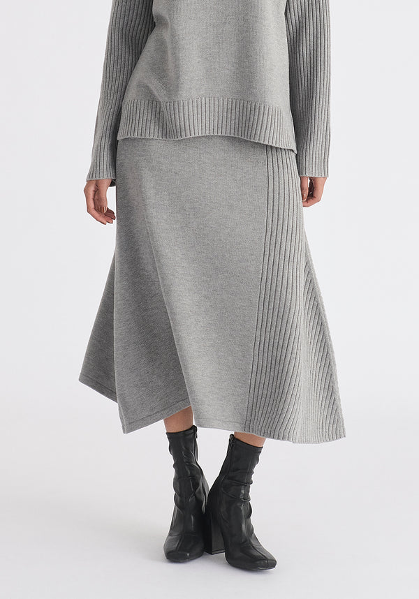 Knitted A-Line Midi Skirt with Ribbed Details in Grey