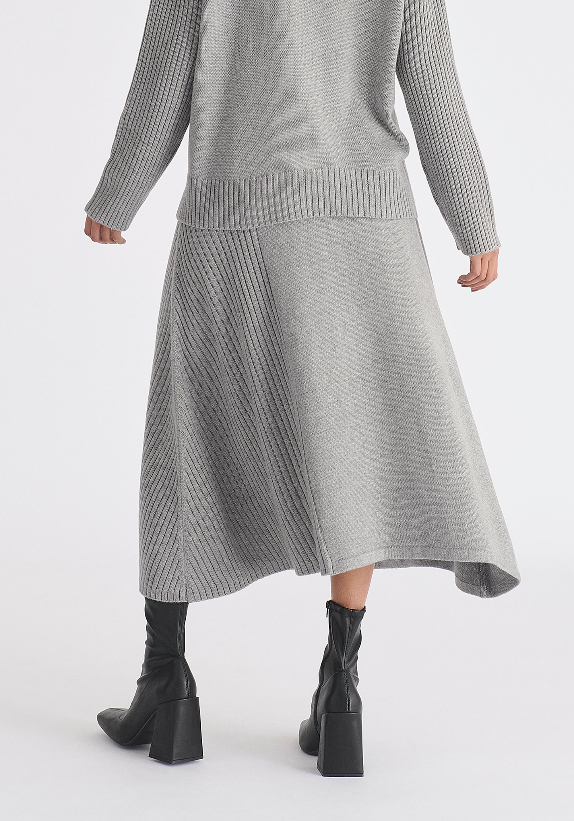 Knitted A-Line Midi Skirt with Ribbed Details in Grey Close Up