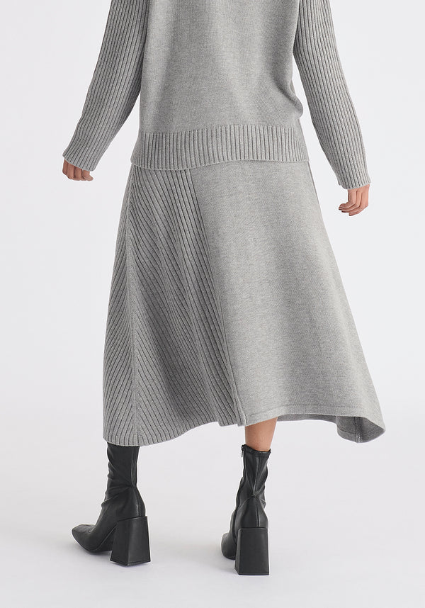 Knitted A-Line Midi Skirt with Ribbed Details in Grey Close Up