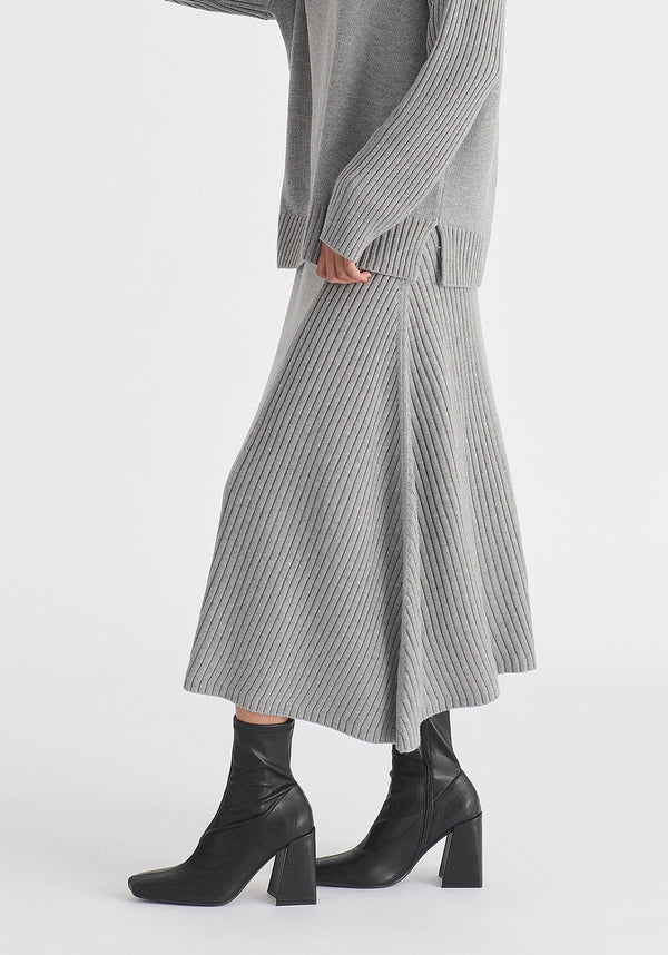 Knitted A-Line Midi Skirt with Ribbed Details in Grey Side